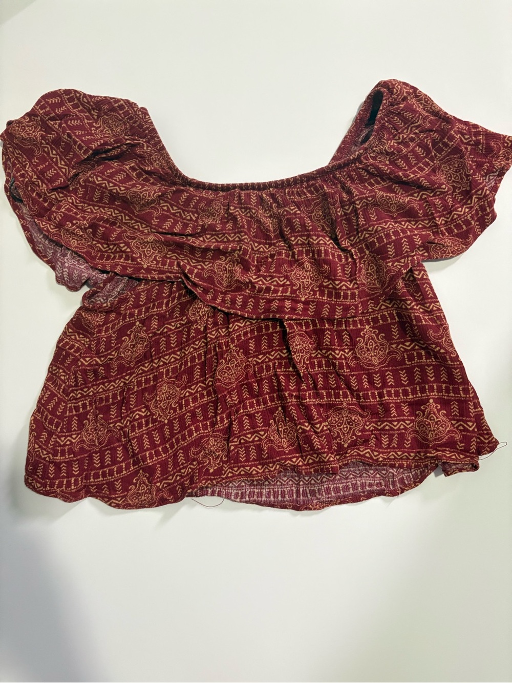 Forever 21 Burgundy and Gold Off-Shoulder Ruffle Crop Top